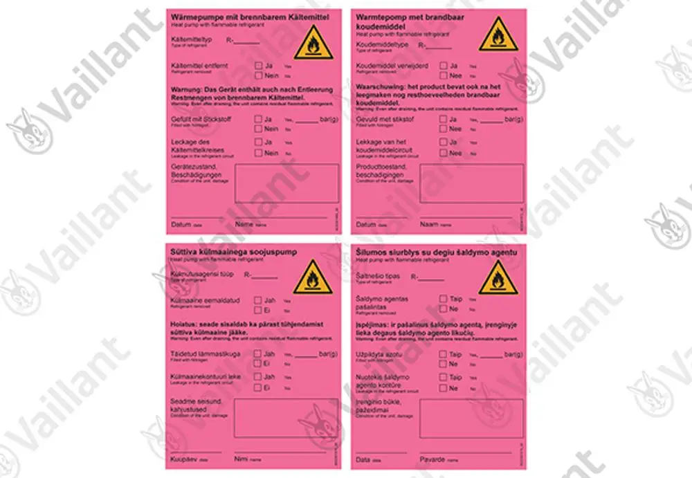 Pinkfarbene Aufkleber von Vaillant mit Warnhinweisen zu brennbaren Kältemitteln, inklusive Felder für Leckage und Gerätedaten in verschiedenen Sprachen.